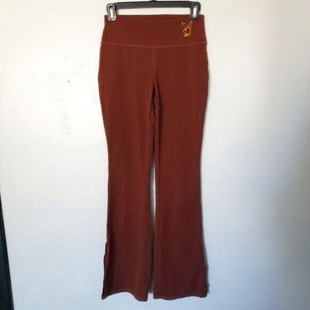 Playboy by Pacsun Brown Mid Rise Flare Yoga Leggings Slit Leg Rhinestone Y2K